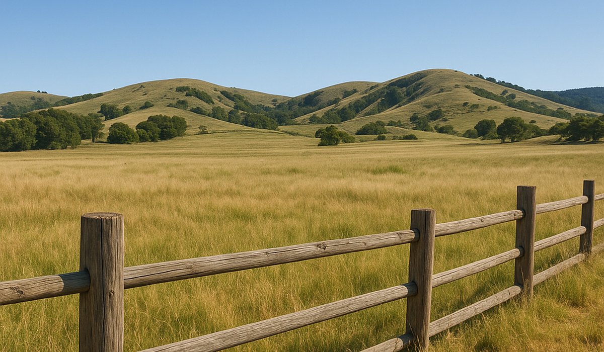 Pasture with wooden fence and rolling hills (for sale)