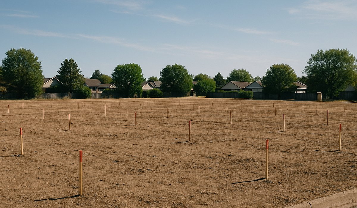 Subdivided residential lot with survey stakes (for sale)